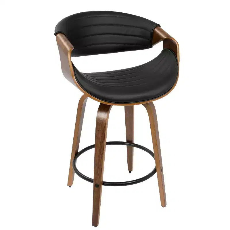 Lot de 2 tabourets de bar pivotants hauteur comptoir Mid-Century Modern en faux cuir noyer/noir, structure bois et métal, capacité 113 kg
