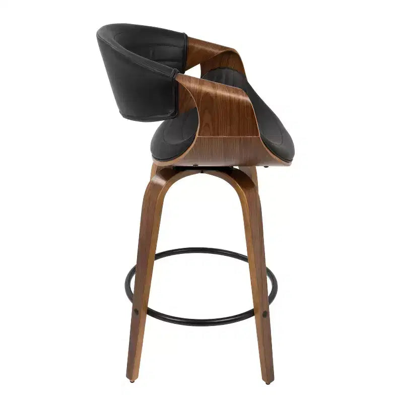 Lot de 2 tabourets de bar pivotants hauteur comptoir Mid-Century Modern en faux cuir noyer/noir, structure bois et métal, capacité 113 kg