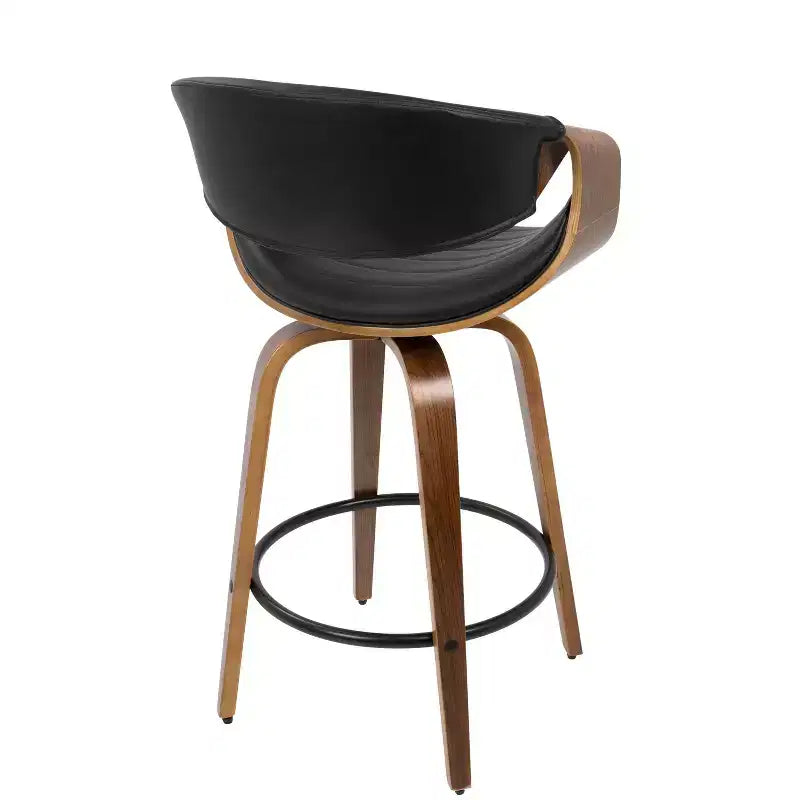 Lot de 2 tabourets de bar pivotants hauteur comptoir Mid-Century Modern en faux cuir noyer/noir, structure bois et métal, capacité 113 kg