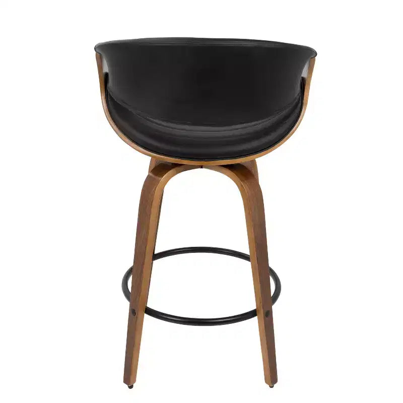 Lot de 2 tabourets de bar pivotants hauteur comptoir Mid-Century Modern en faux cuir noyer/noir, structure bois et métal, capacité 113 kg