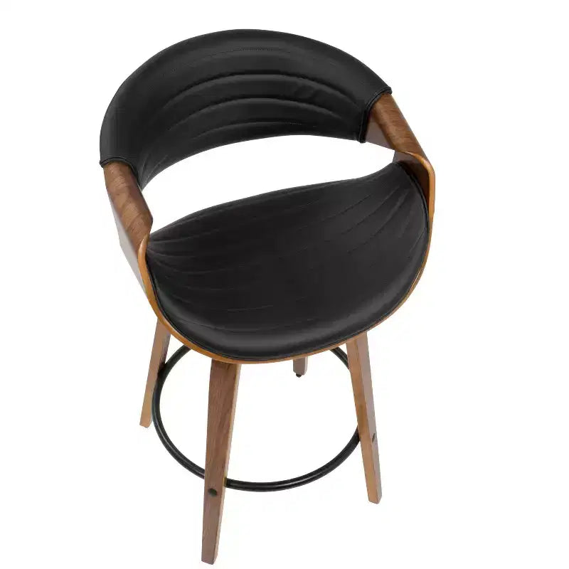 Lot de 2 tabourets de bar pivotants hauteur comptoir Mid-Century Modern en faux cuir noyer/noir, structure bois et métal, capacité 113 kg