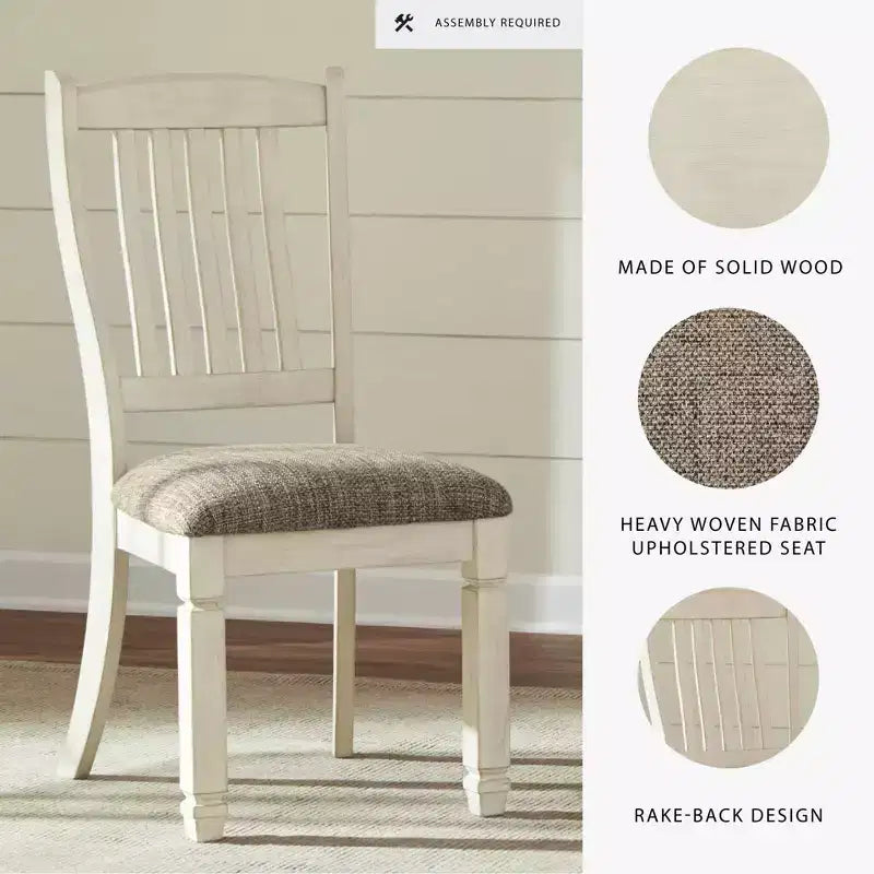 Lot de 2 chaises de salle à manger rembourrées à dossier droit, coloris blanc antique, finition chêne texturé