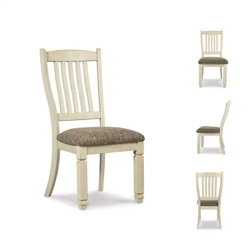 Lot de 2 chaises de salle à manger rembourrées à dossier droit, coloris blanc antique, finition chêne texturé