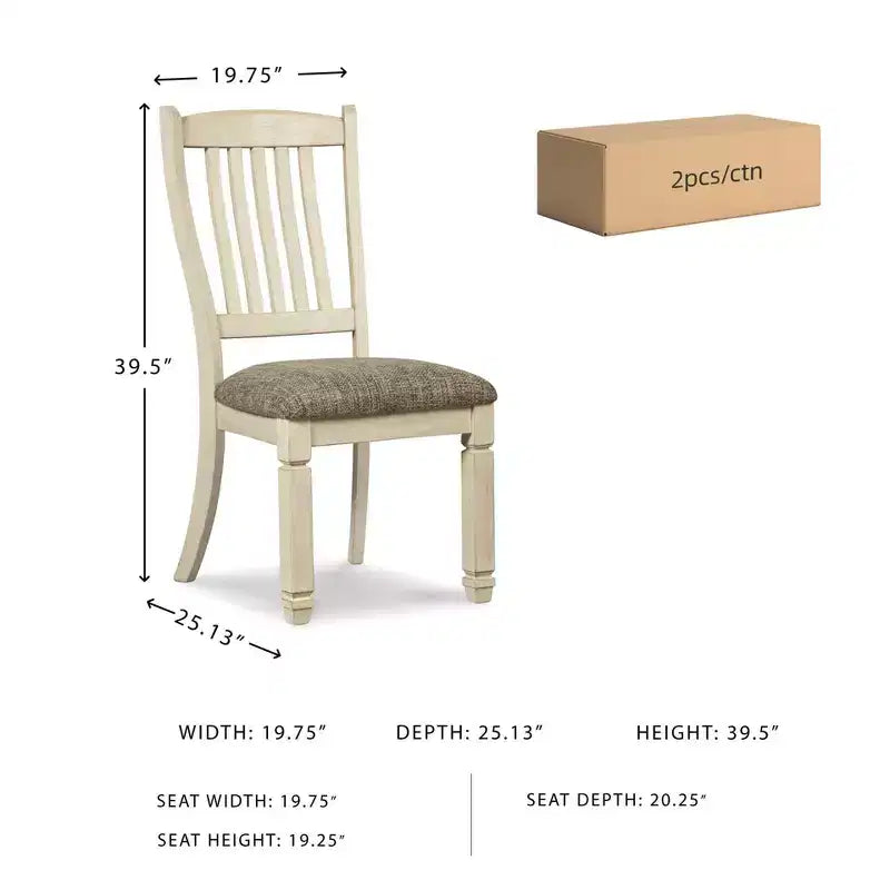 Lot de 2 chaises de salle à manger rembourrées à dossier droit, coloris blanc antique, finition chêne texturé