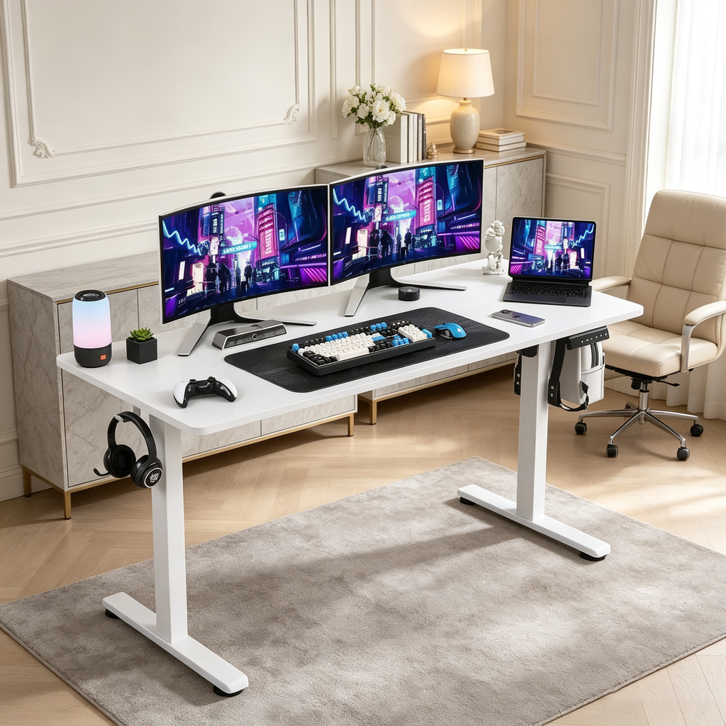 Bureau électrique debout avec plateau blanc, hauteur réglable, pour ordinateur, pour la maison ou le bureau, avec plateau en deux parties